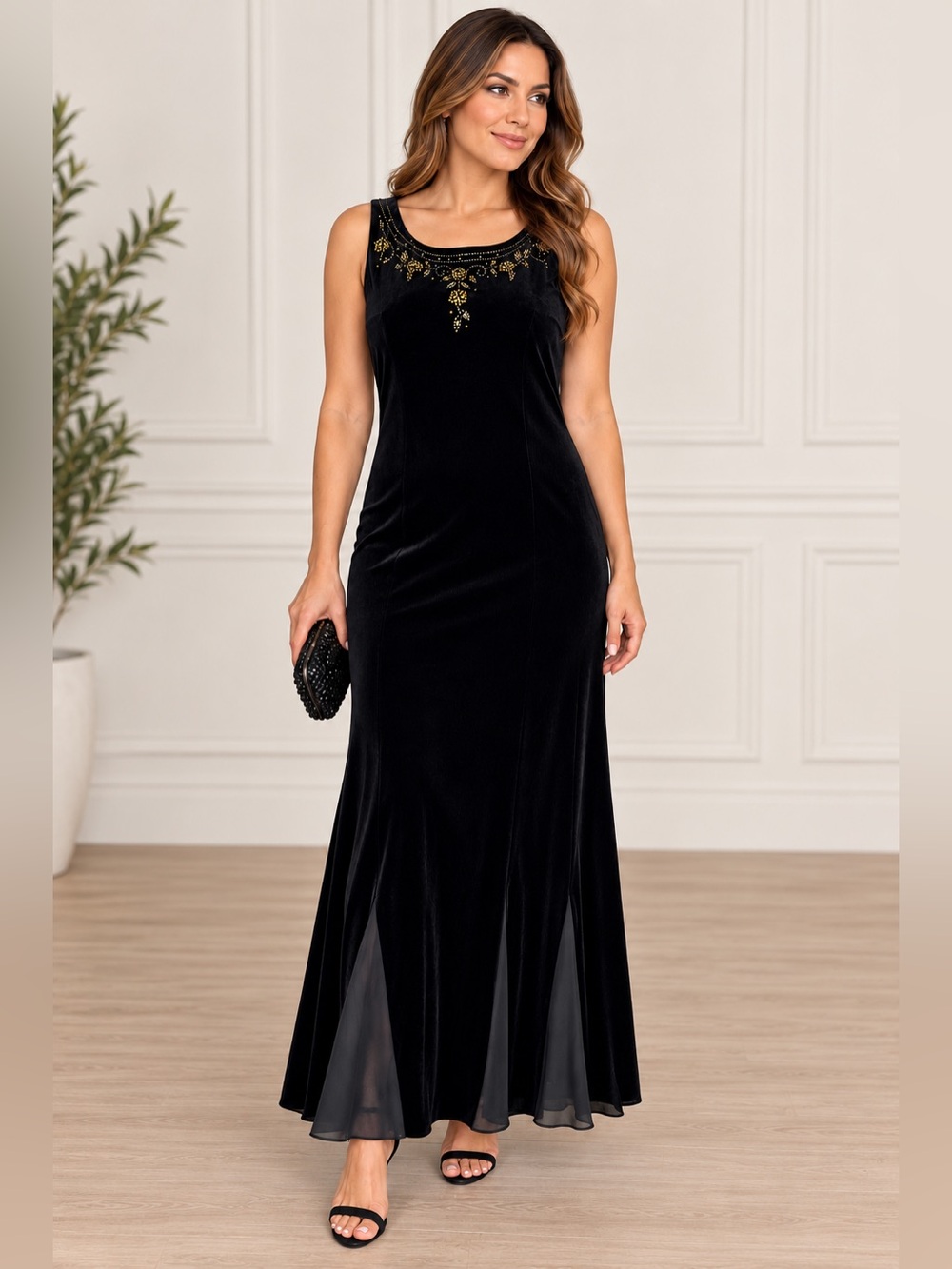 Vintage Expo Black Velvet Size 14 Maxi Dress Beaded Evening Formal Holiday Glam
